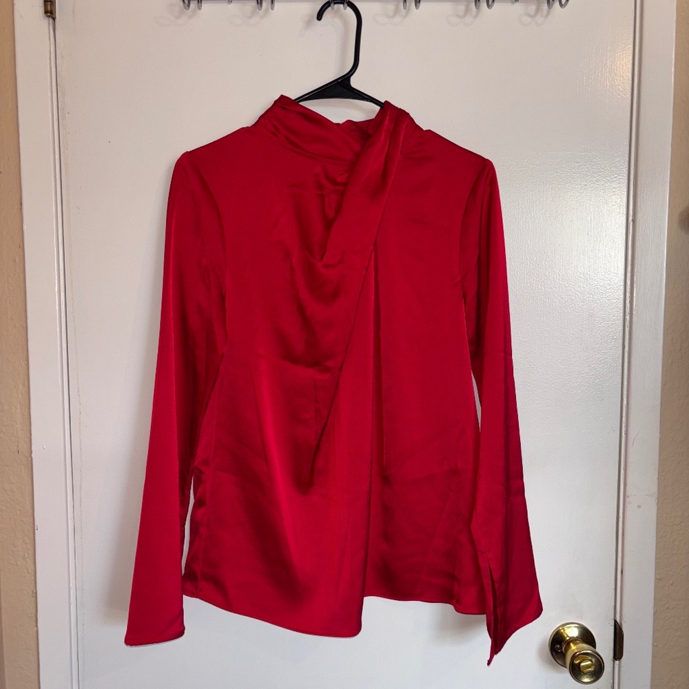 Red Satin Long Sleeve Blouse
